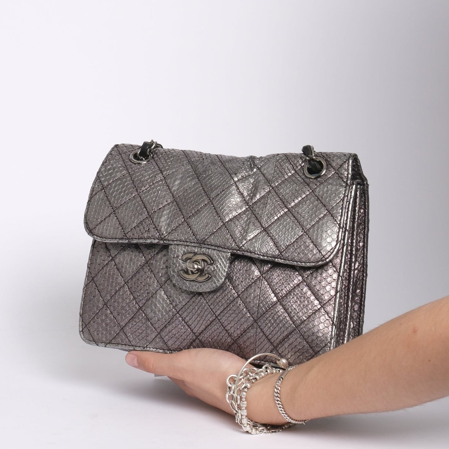 Chanel Silver Python Leather Square Flap Chain Shoulder Bag