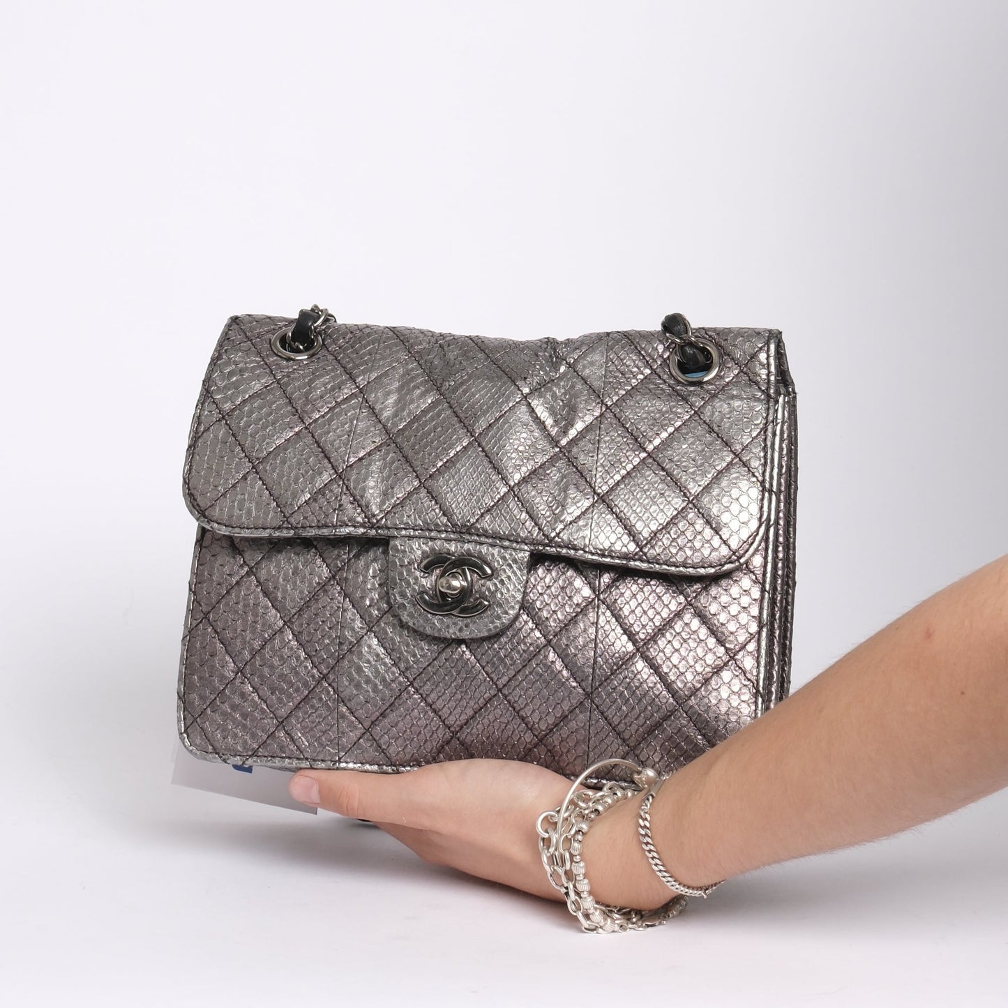 Chanel Silver Python Leather Square Flap Chain Shoulder Bag