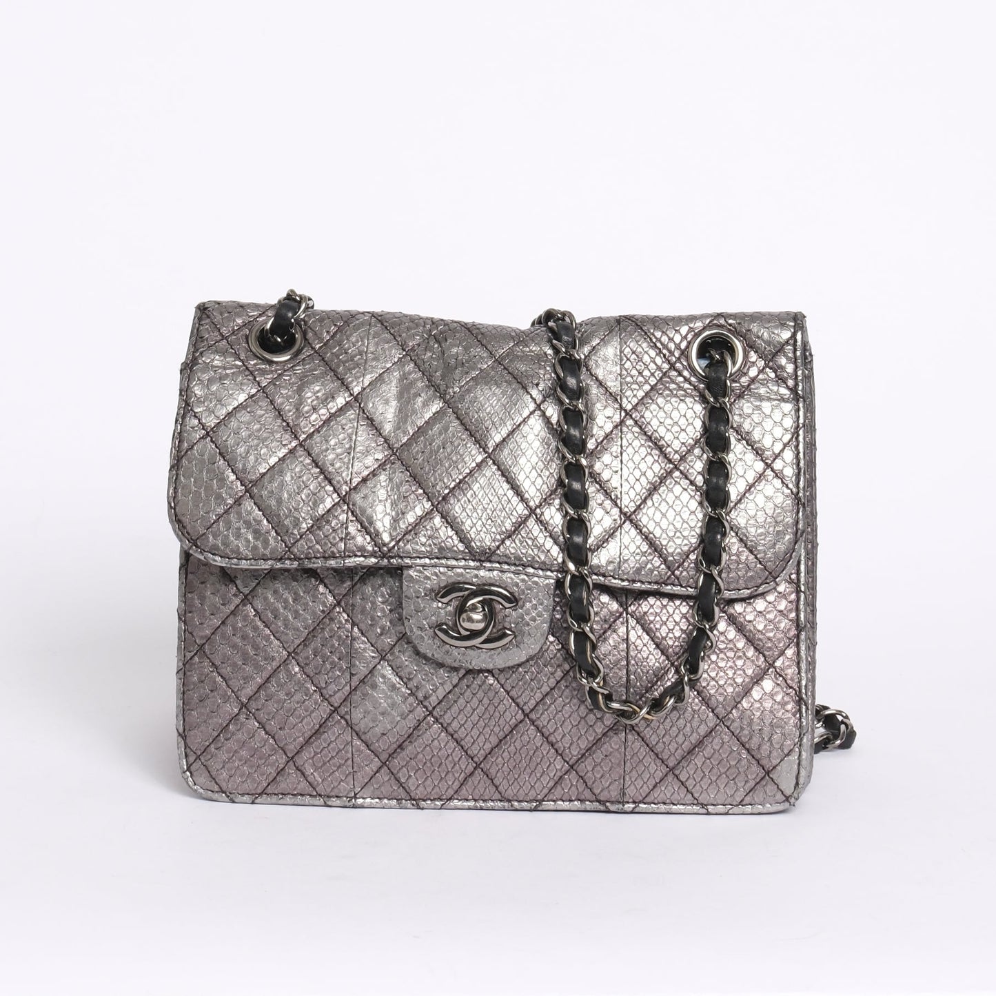 Chanel Silver Python Leather Square Flap Chain Shoulder Bag