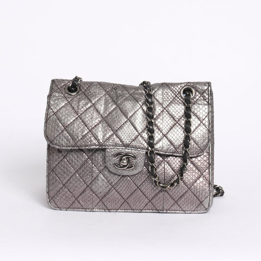 Chanel Silver Python Leather Square Flap Chain Shoulder Bag
