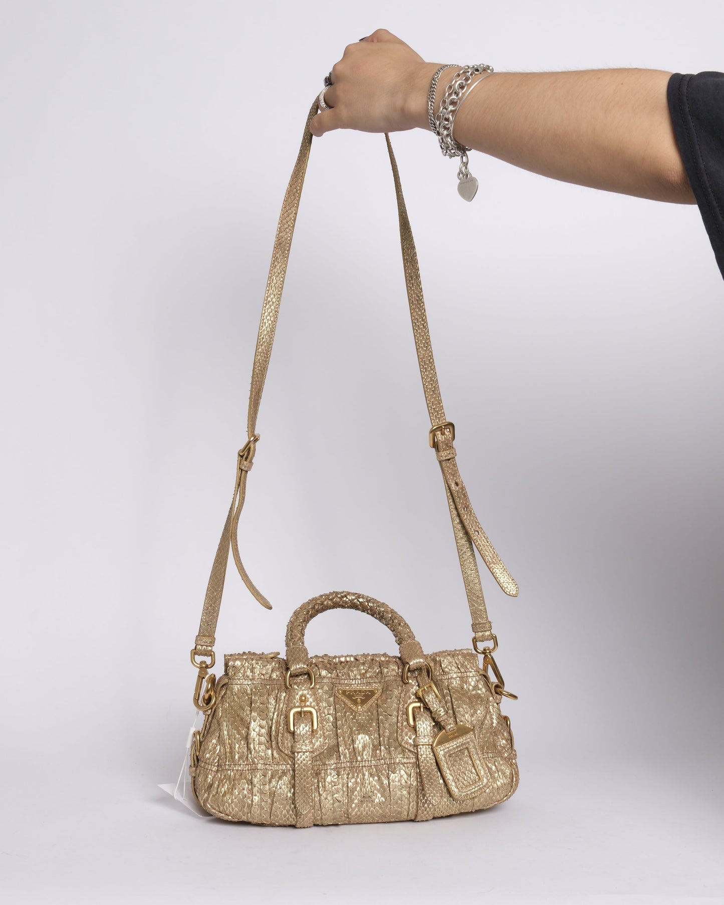 Prada Metallic Bronze Snakeskin Leather Handbag w/ Crossbody