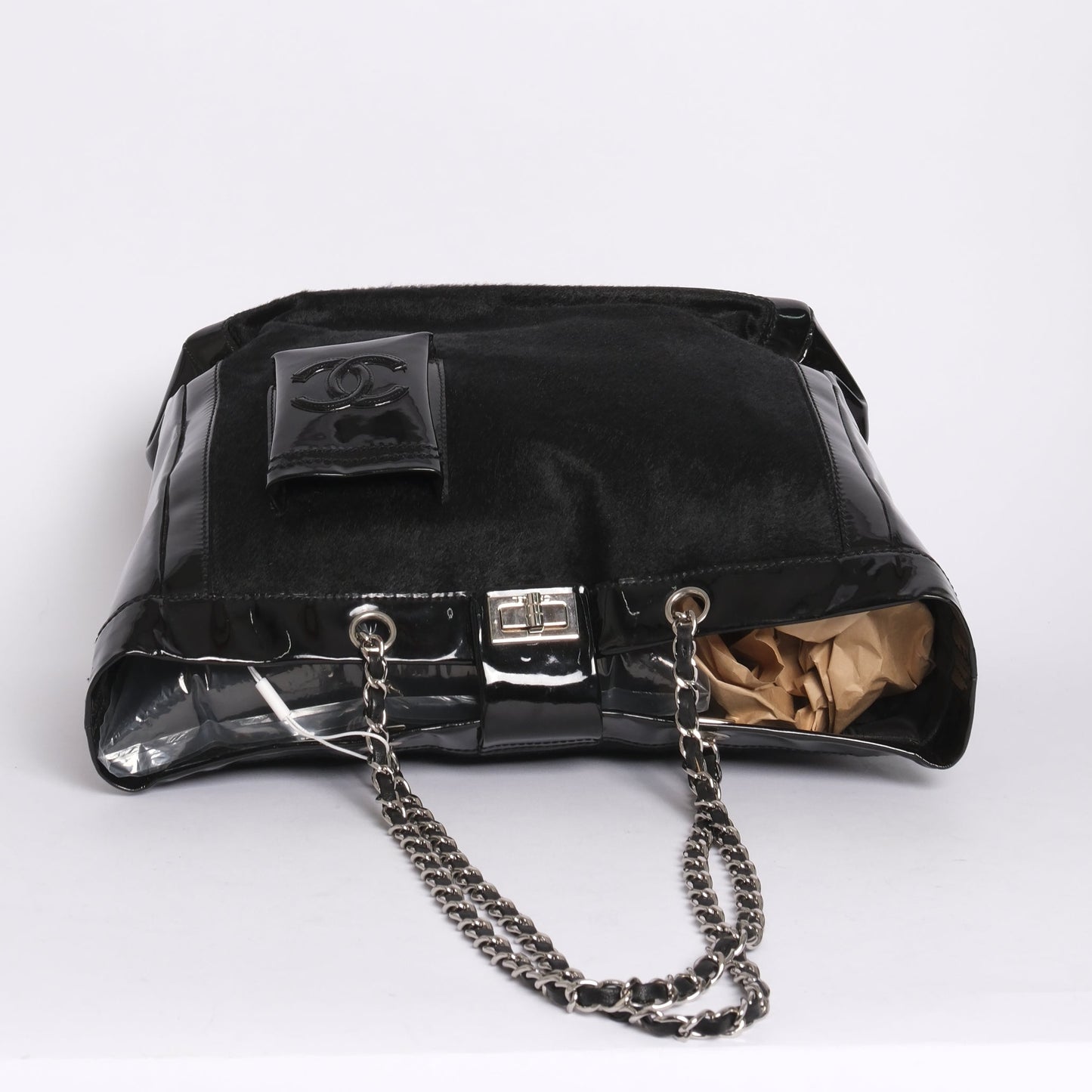 Chanel 2005 Black Patent Leather Chain Shoulder Tote