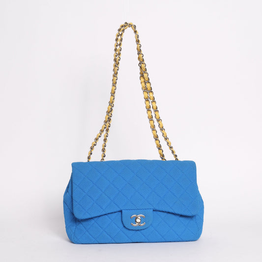Chanel Blue & Yellow Coco Beach Mesh Leather Chain Jumbo Flap SHW