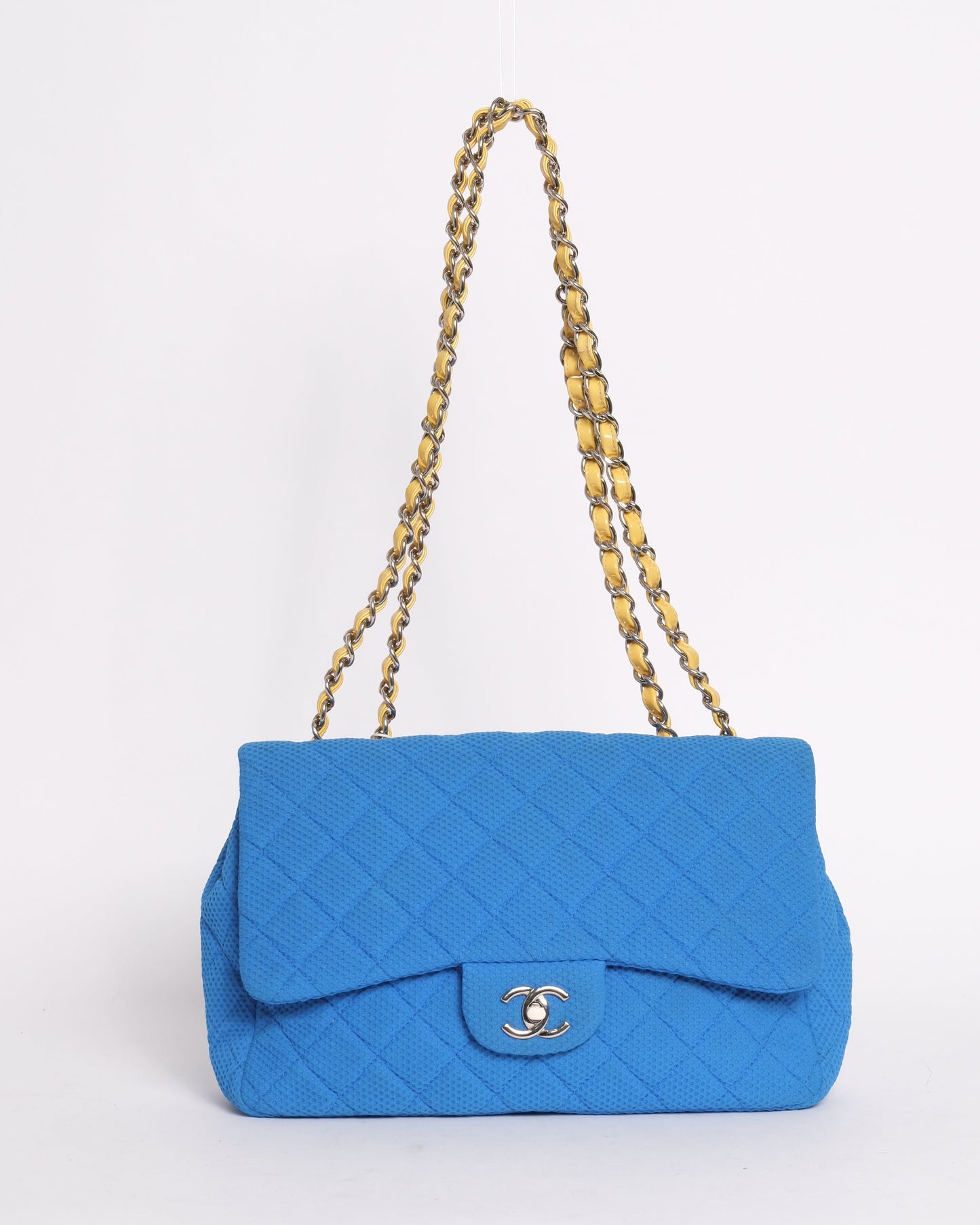 Chanel Blue & Yellow Coco Beach Mesh Leather Chain Jumbo Flap SHW