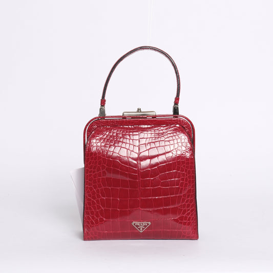 RARE Prada Red Alligator Leather Top Handle Bag