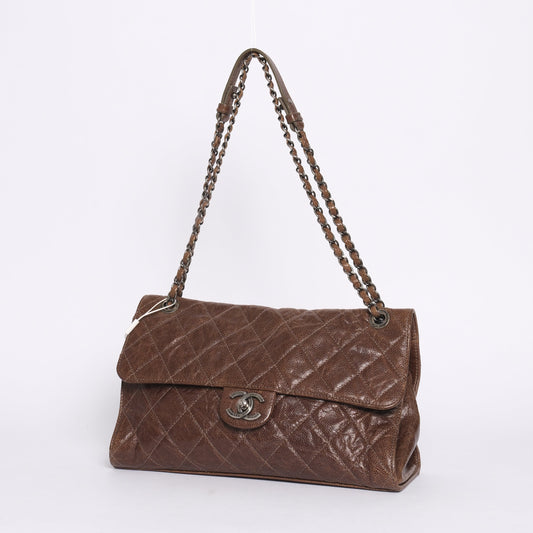 Chanel Brown Crumple Caviar Leather Chain Shoulder Bag
