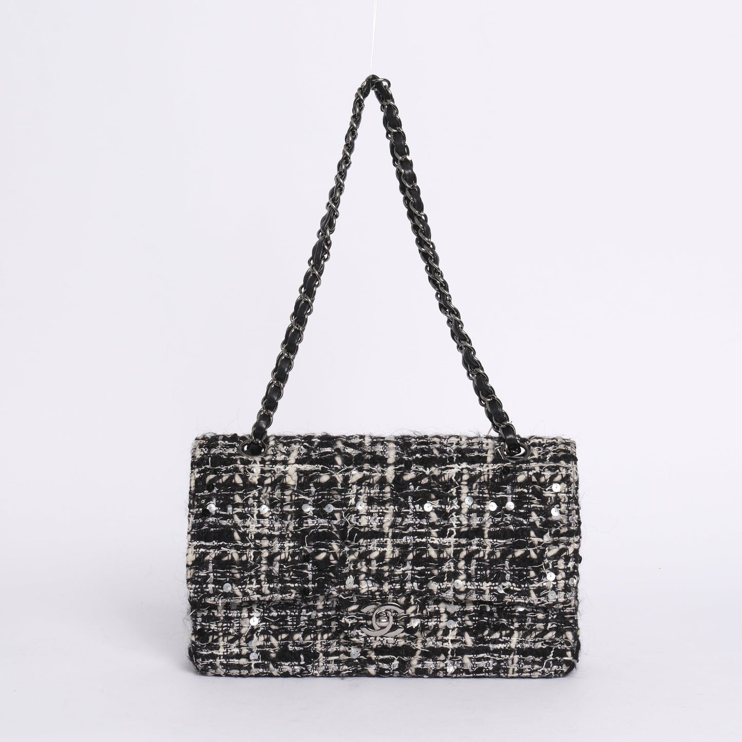 Chanel Black & White Tweed Classic Double Flap SHW