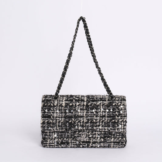 Chanel Black & White Tweed Classic Double Flap SHW