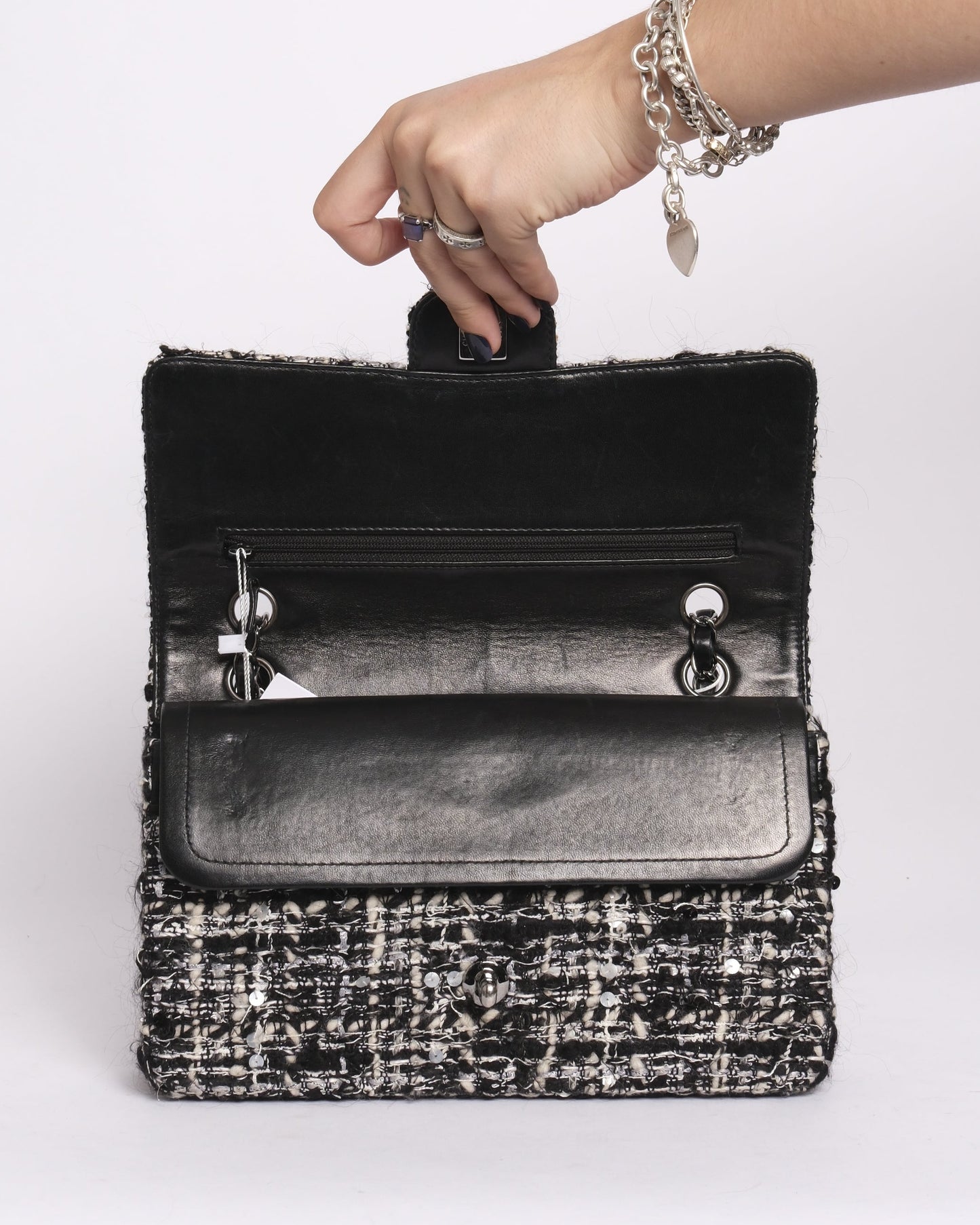 Chanel Black & White Tweed Classic Double Flap SHW