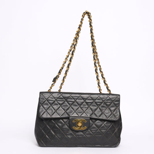 Chanel Black Lambskin Leather Quilted Jumbo Flap Shoulder Bag