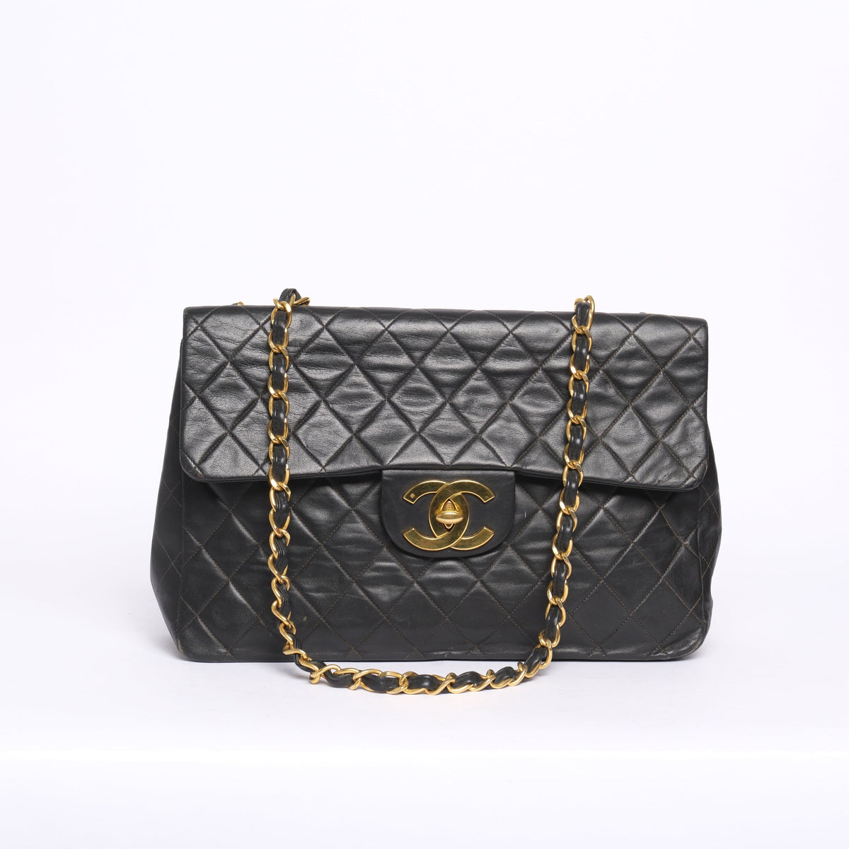 Chanel Black Lambskin Leather Quilted Jumbo Flap Shoulder Bag