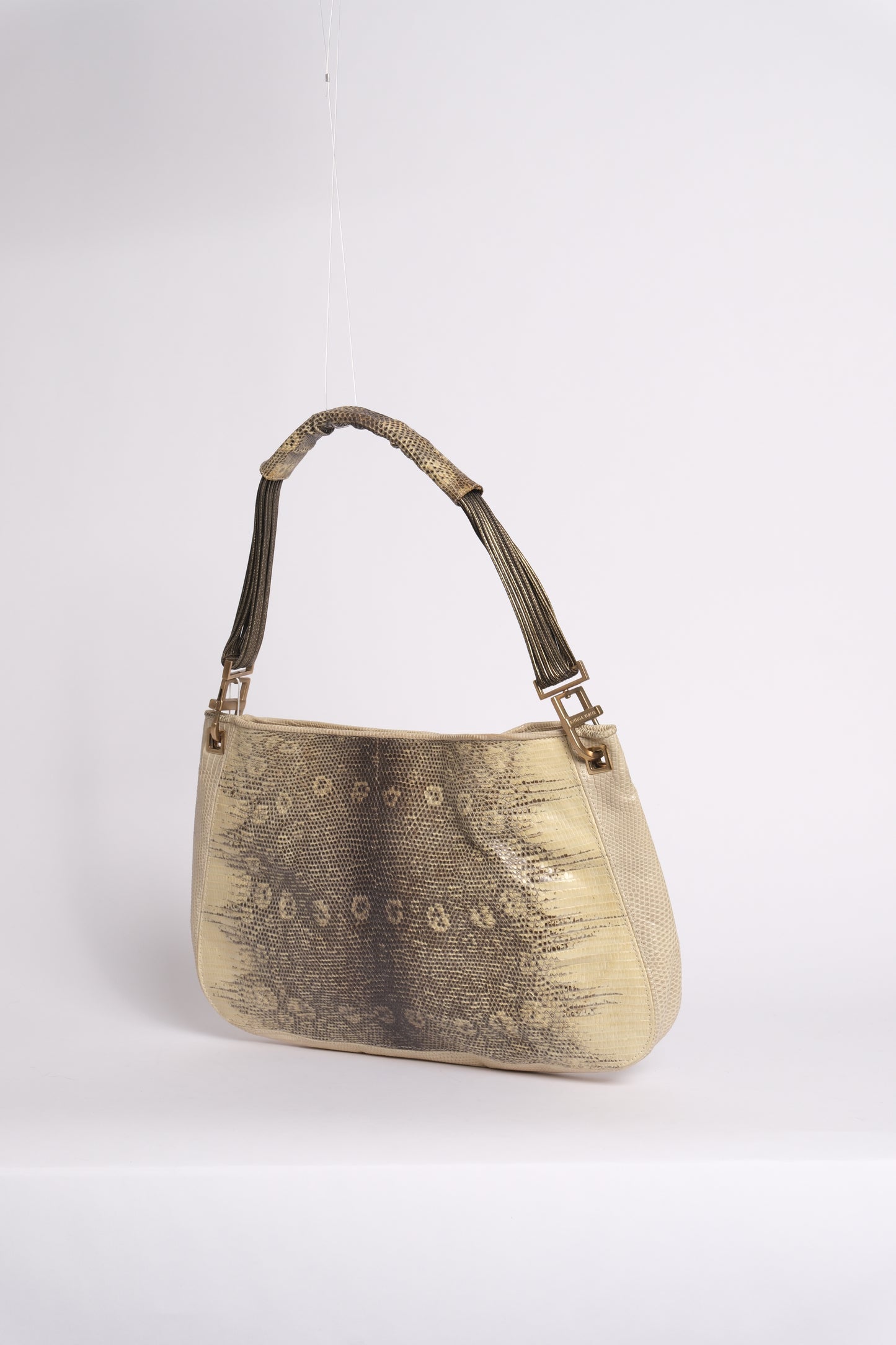 Bottega Veneta Beige & Brown Lizard Embossed Shoulder Bag
