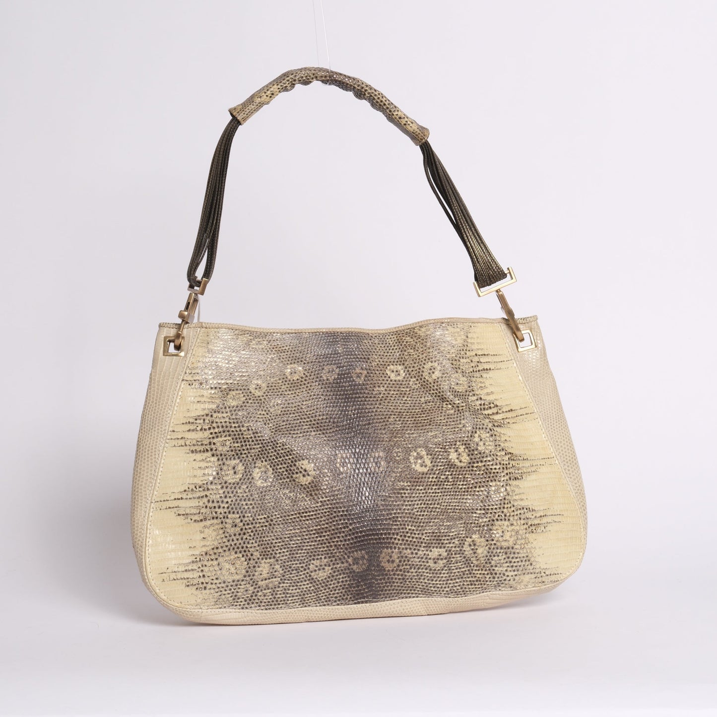 Bottega Veneta Beige & Brown Lizard Embossed Shoulder Bag