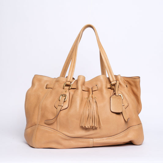 Prada Brown Lambskin Leather Tassel Drawstring Hobo Bag