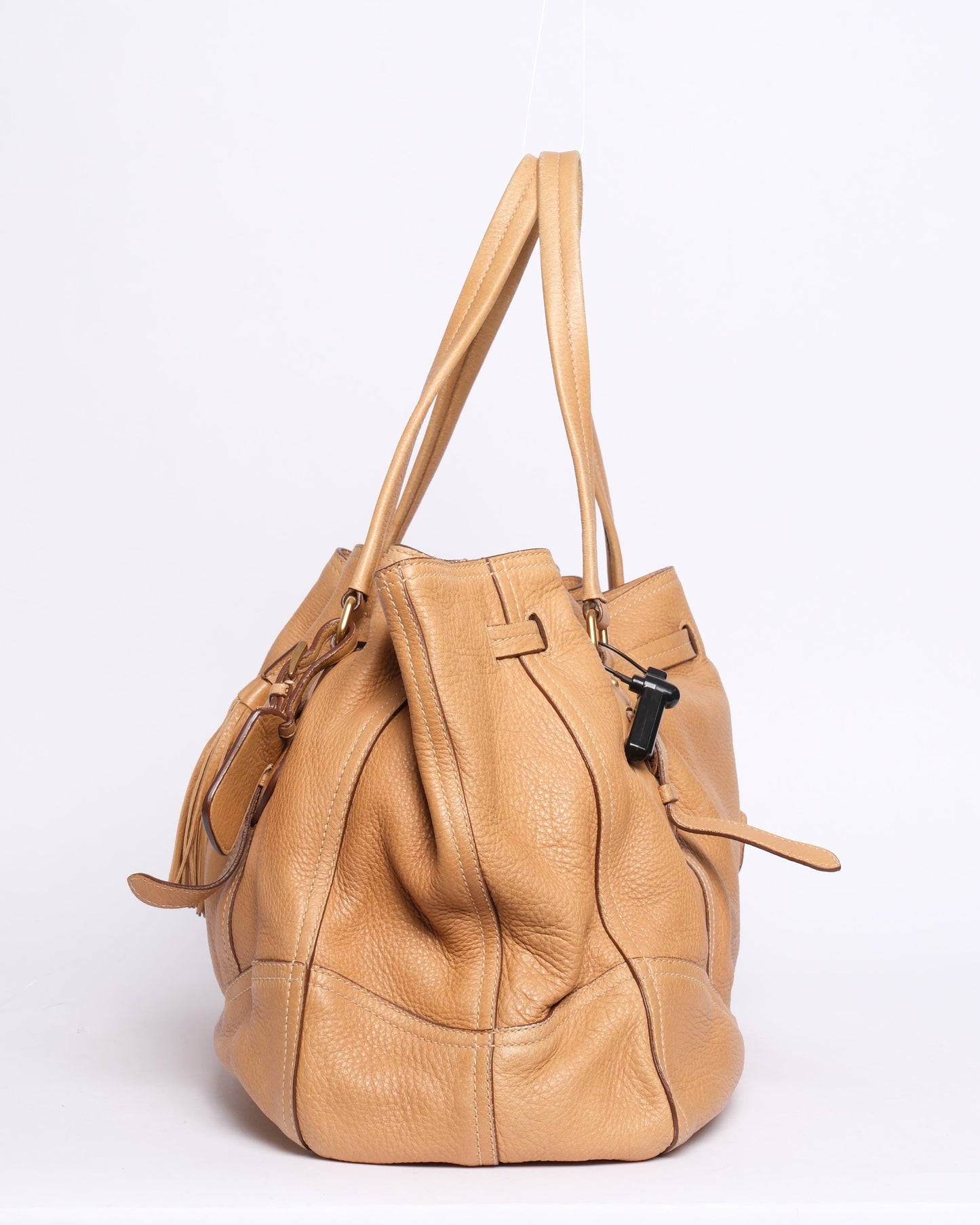 Prada Brown Lambskin Leather Tassel Drawstring Hobo Bag
