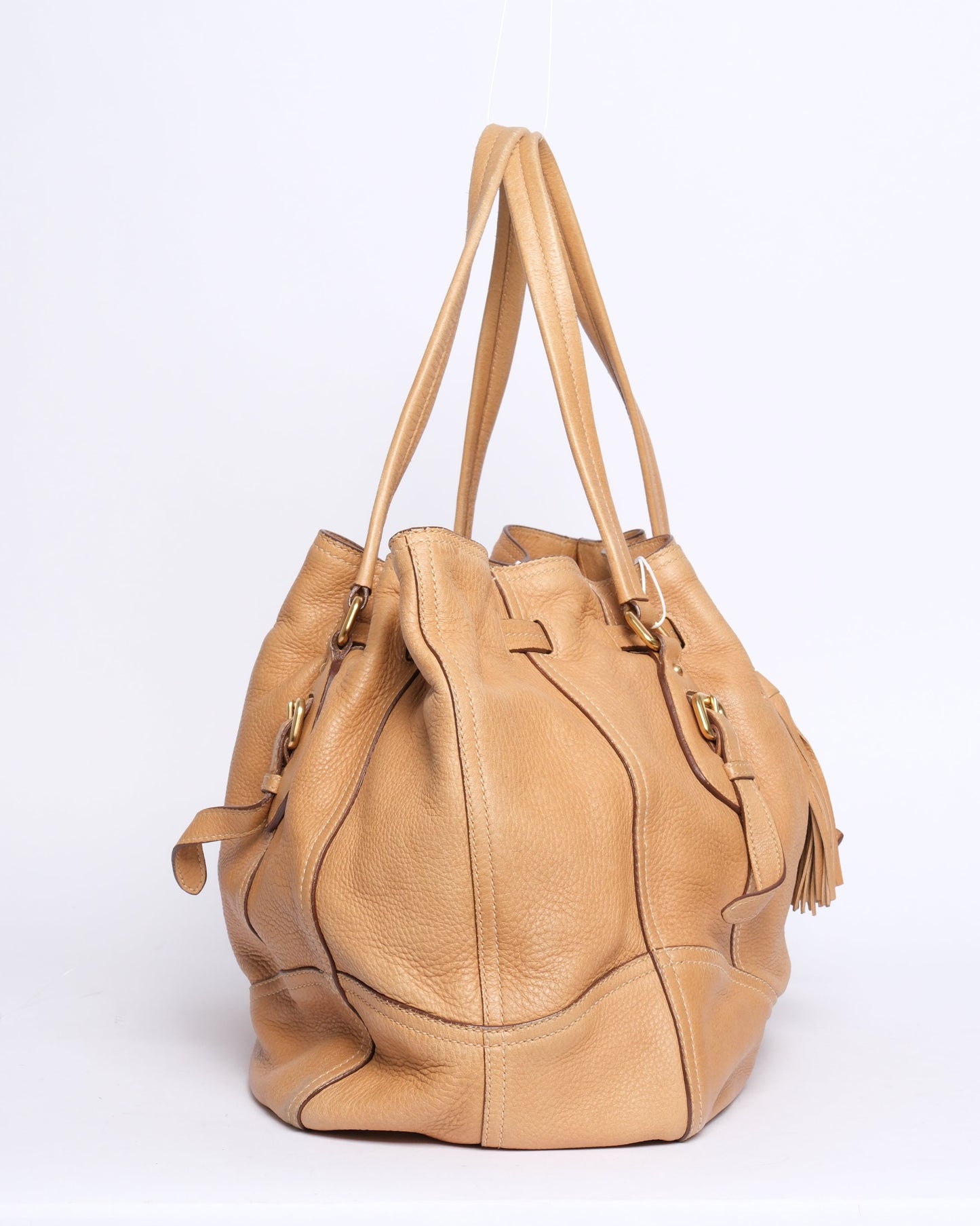 Prada Brown Lambskin Leather Tassel Drawstring Hobo Bag