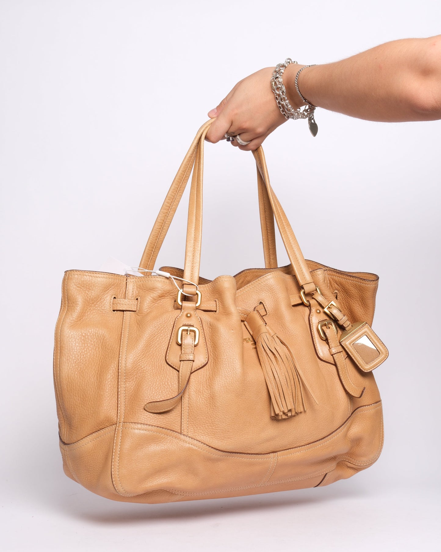 Prada Brown Lambskin Leather Tassel Drawstring Hobo Bag