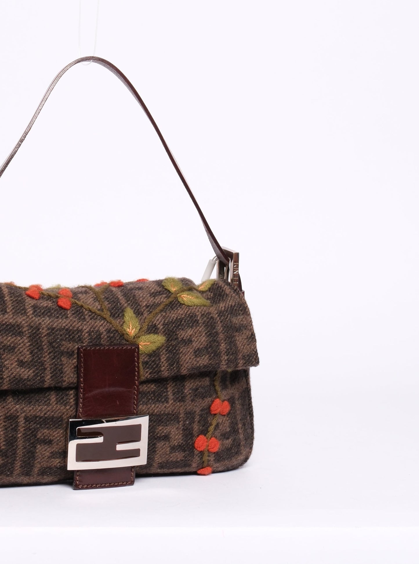 Fendi Brown Wool & Leather Zucca Monogram Embroidered Floral Baguette
