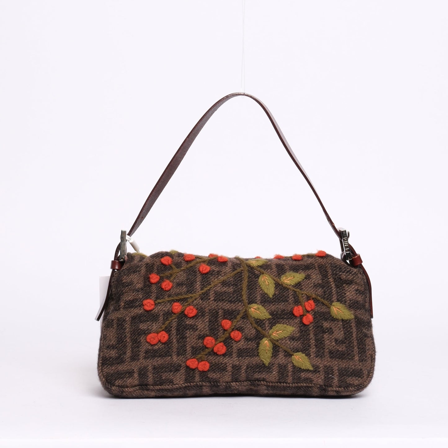 Fendi Brown Wool & Leather Zucca Monogram Embroidered Floral Baguette