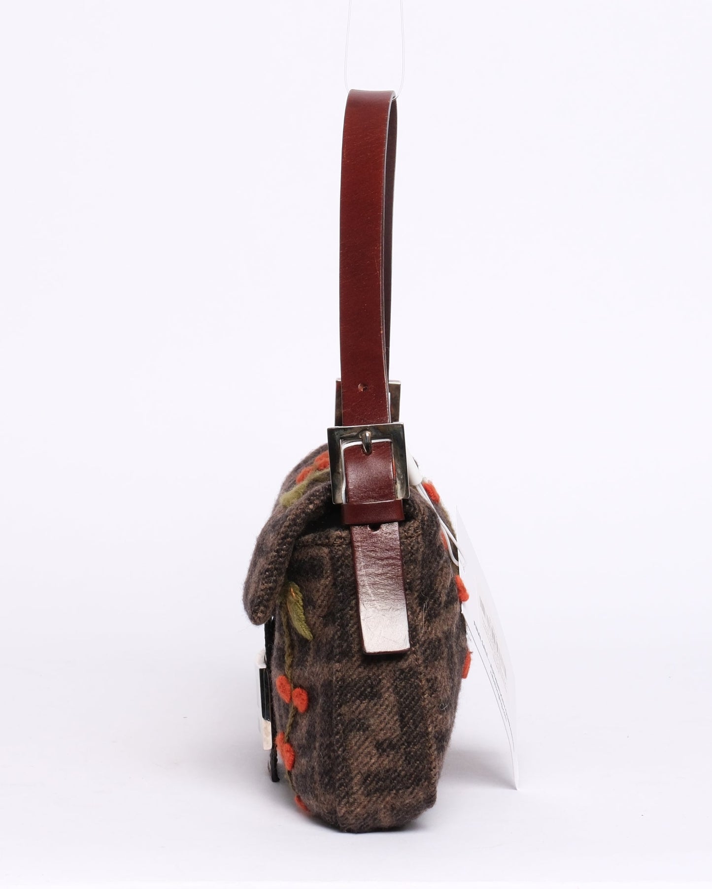 Fendi Brown Wool & Leather Zucca Monogram Embroidered Floral Baguette