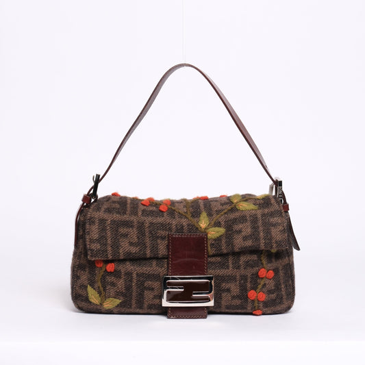 Fendi Brown Wool & Leather Zucca Monogram Embroidered Floral Baguette