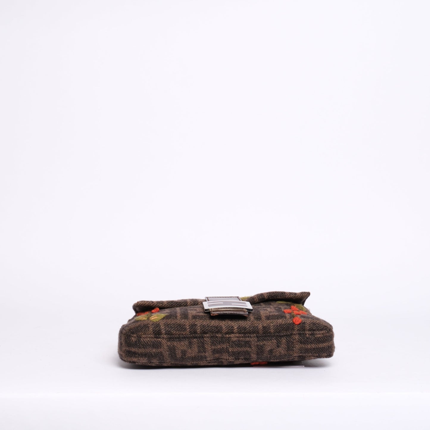 Fendi Brown Wool & Leather Zucca Monogram Embroidered Floral Baguette