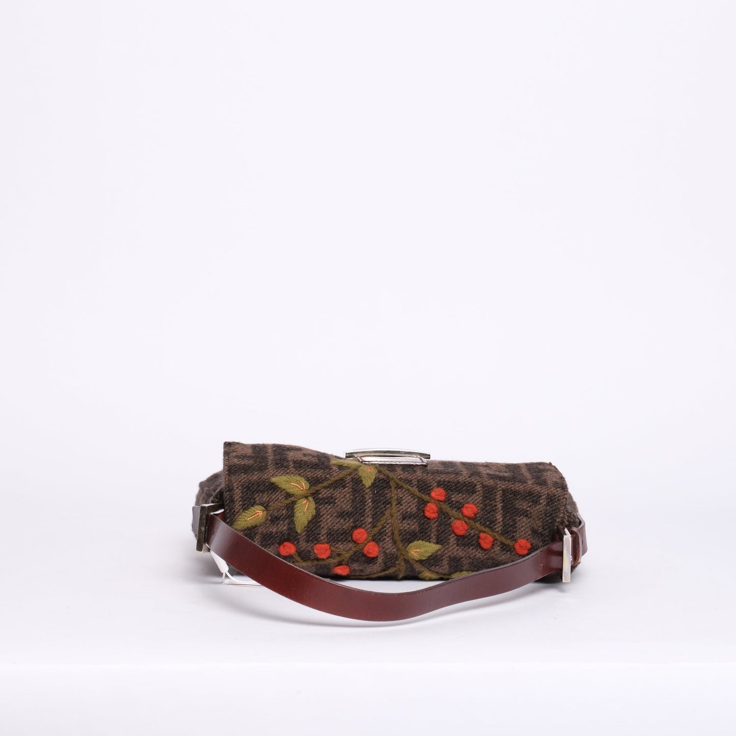 Fendi Brown Wool & Leather Zucca Monogram Embroidered Floral Baguette