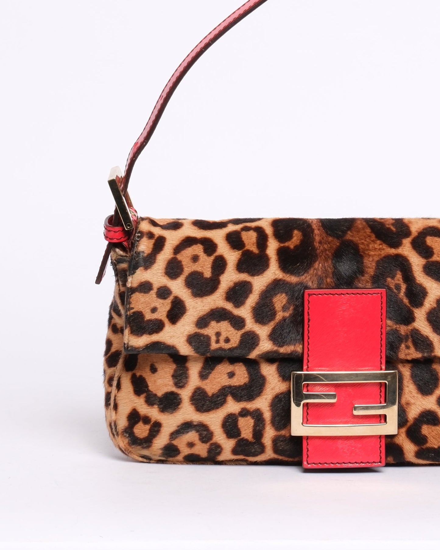 RARE Fendi Brown & Red Ponyhair & Leather Cheetah Printed Baguette Shoulder Bag GHW