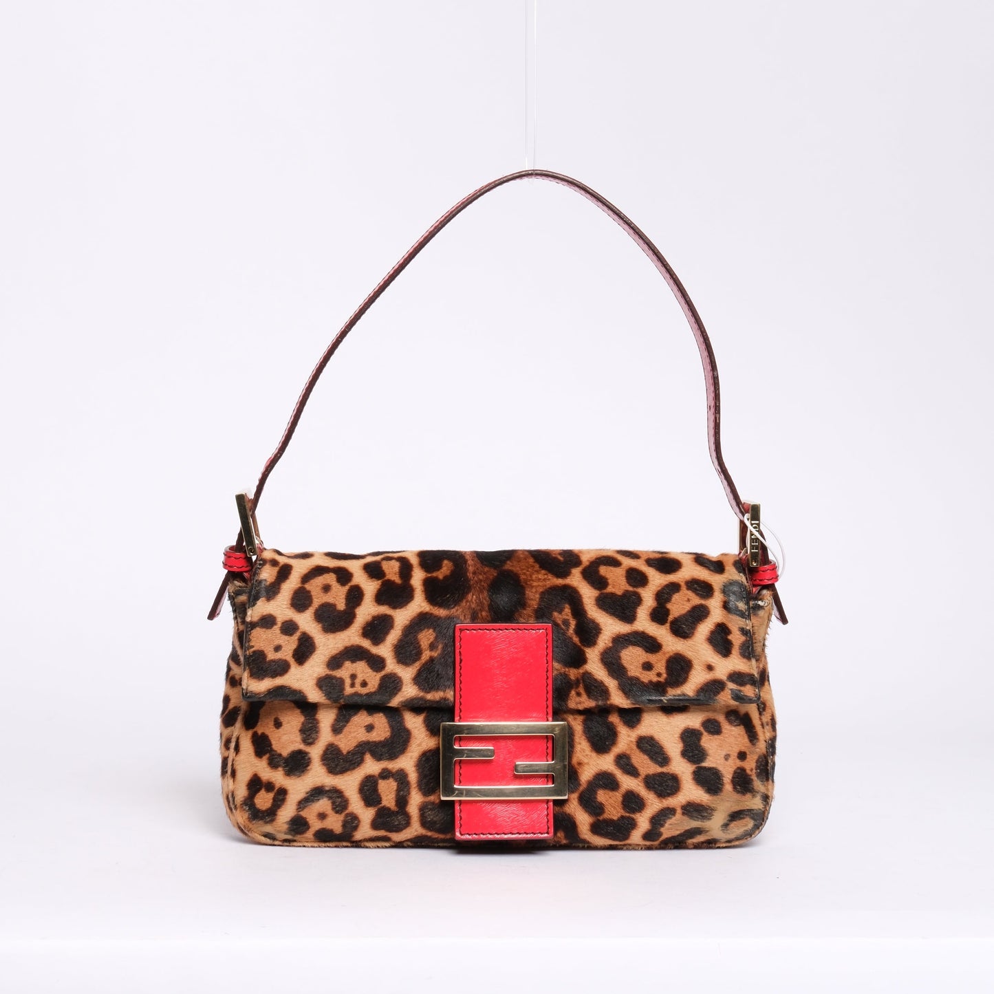 RARE Fendi Brown & Red Ponyhair & Leather Cheetah Printed Baguette Shoulder Bag GHW