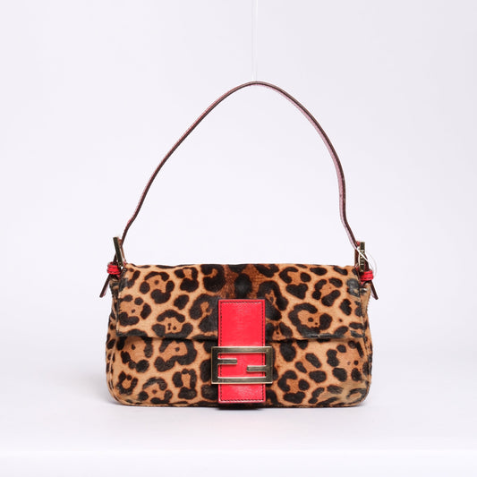 RARE Fendi Brown & Red Ponyhair & Leather Cheetah Printed Baguette Shoulder Bag GHW