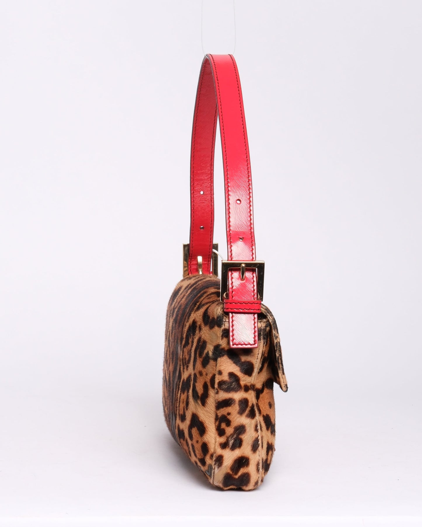 RARE Fendi Brown & Red Ponyhair & Leather Cheetah Printed Baguette Shoulder Bag GHW