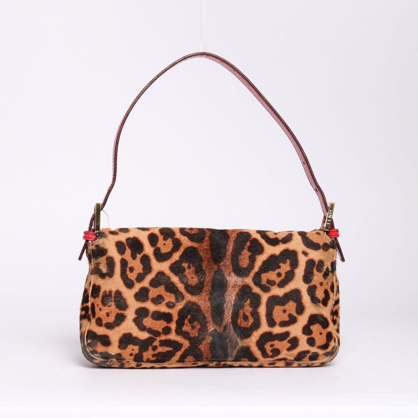 RARE Fendi Brown & Red Ponyhair & Leather Cheetah Printed Baguette Shoulder Bag GHW