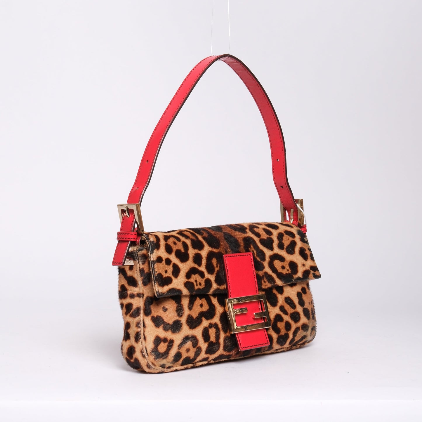 RARE Fendi Brown & Red Ponyhair & Leather Cheetah Printed Baguette Shoulder Bag GHW