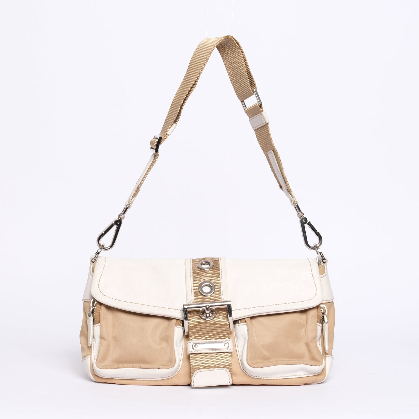 Prada White Leather & Beige Nylon Shoulder Bag