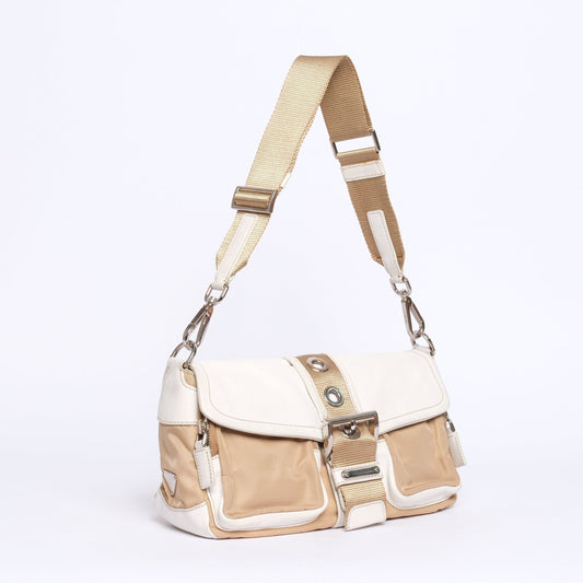 Prada White Leather & Beige Nylon Shoulder Bag