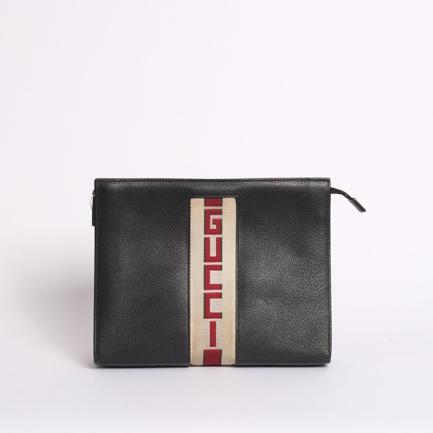 Gucci Black Leather Web Zip Clutch