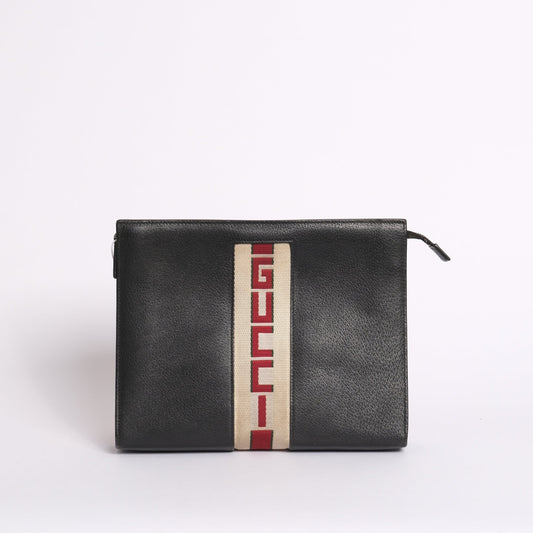 Gucci Black Leather Web Zip Clutch
