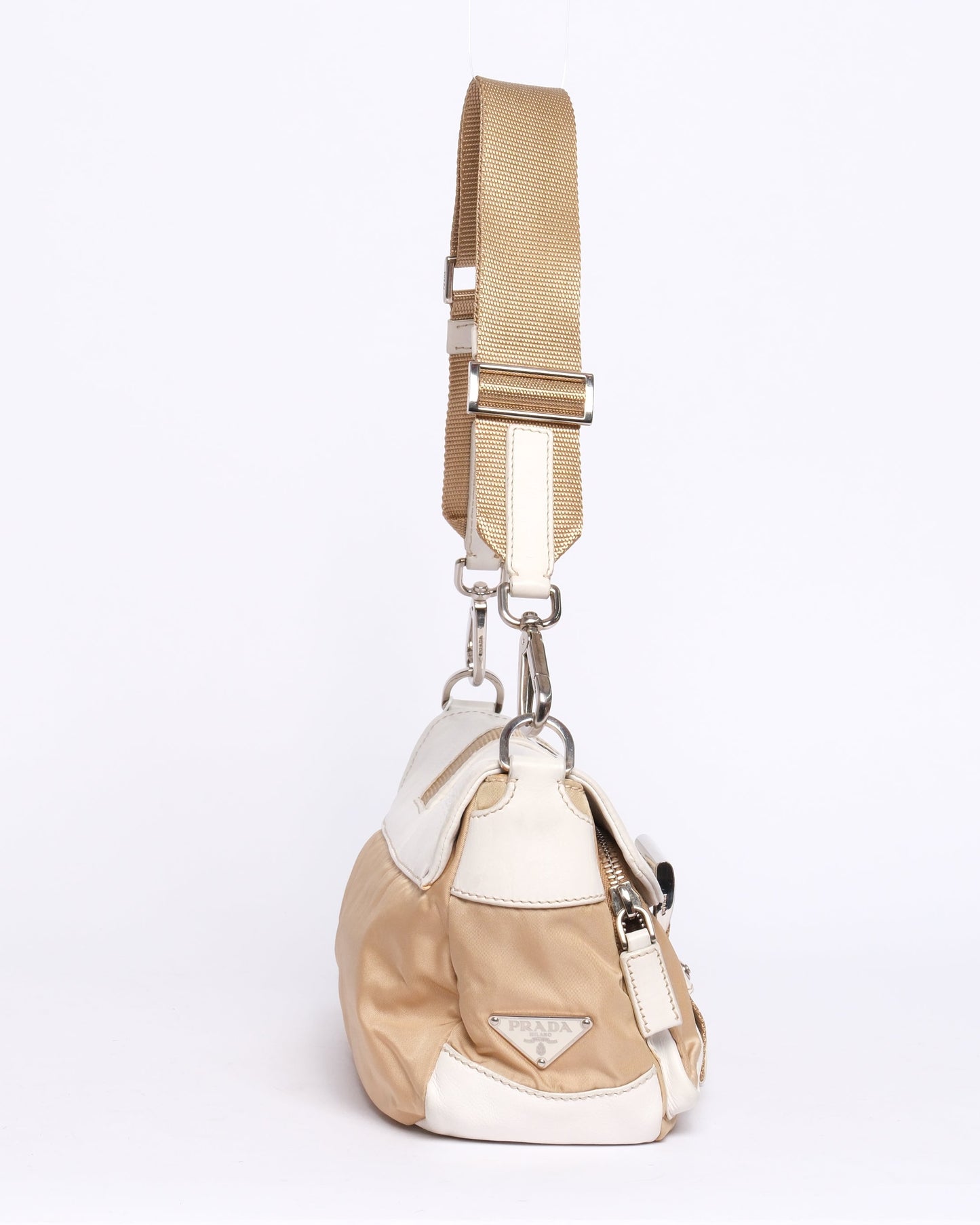 Prada White Leather & Beige Nylon Shoulder Bag