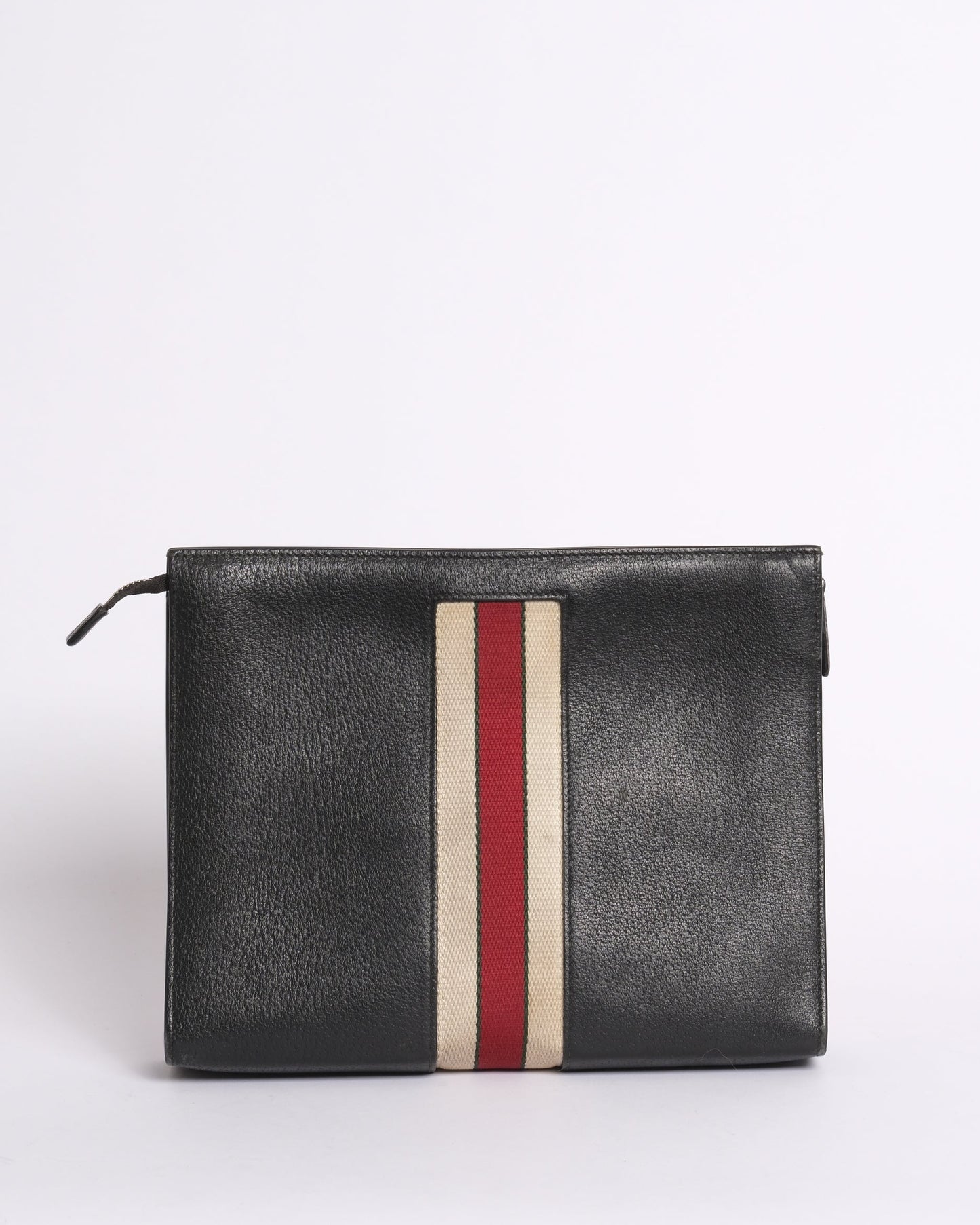 Gucci Black Leather Web Zip Clutch