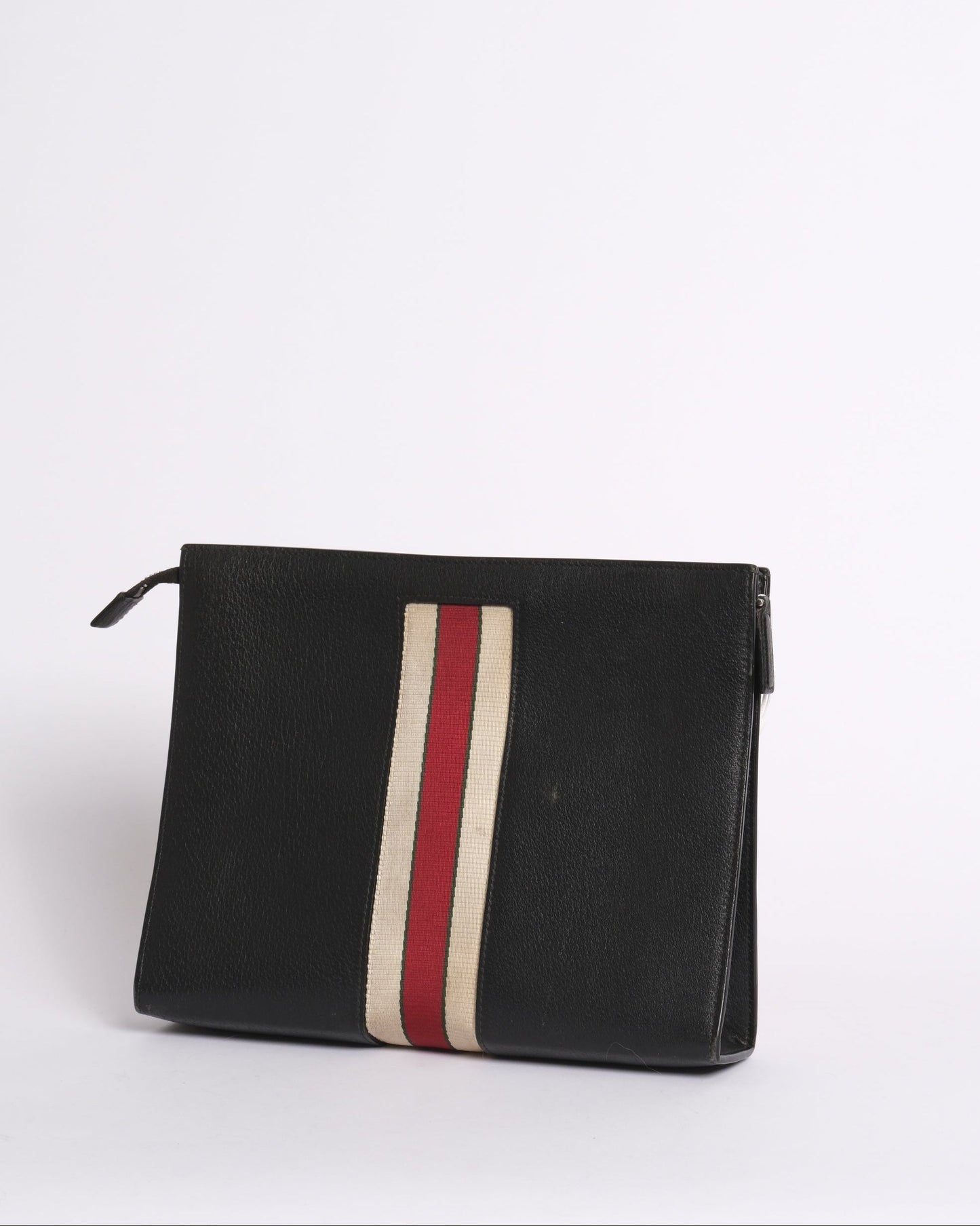 Gucci Black Leather Web Zip Clutch
