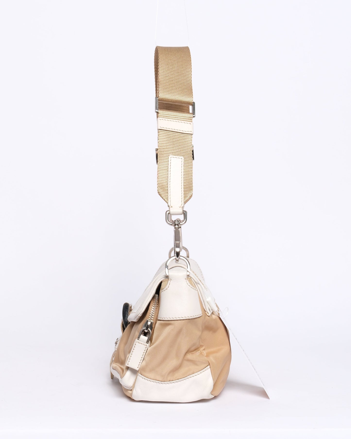 Prada White Leather & Beige Nylon Shoulder Bag