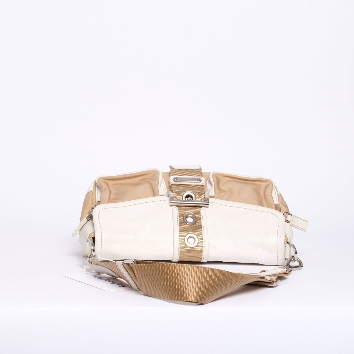 Prada White Leather & Beige Nylon Shoulder Bag