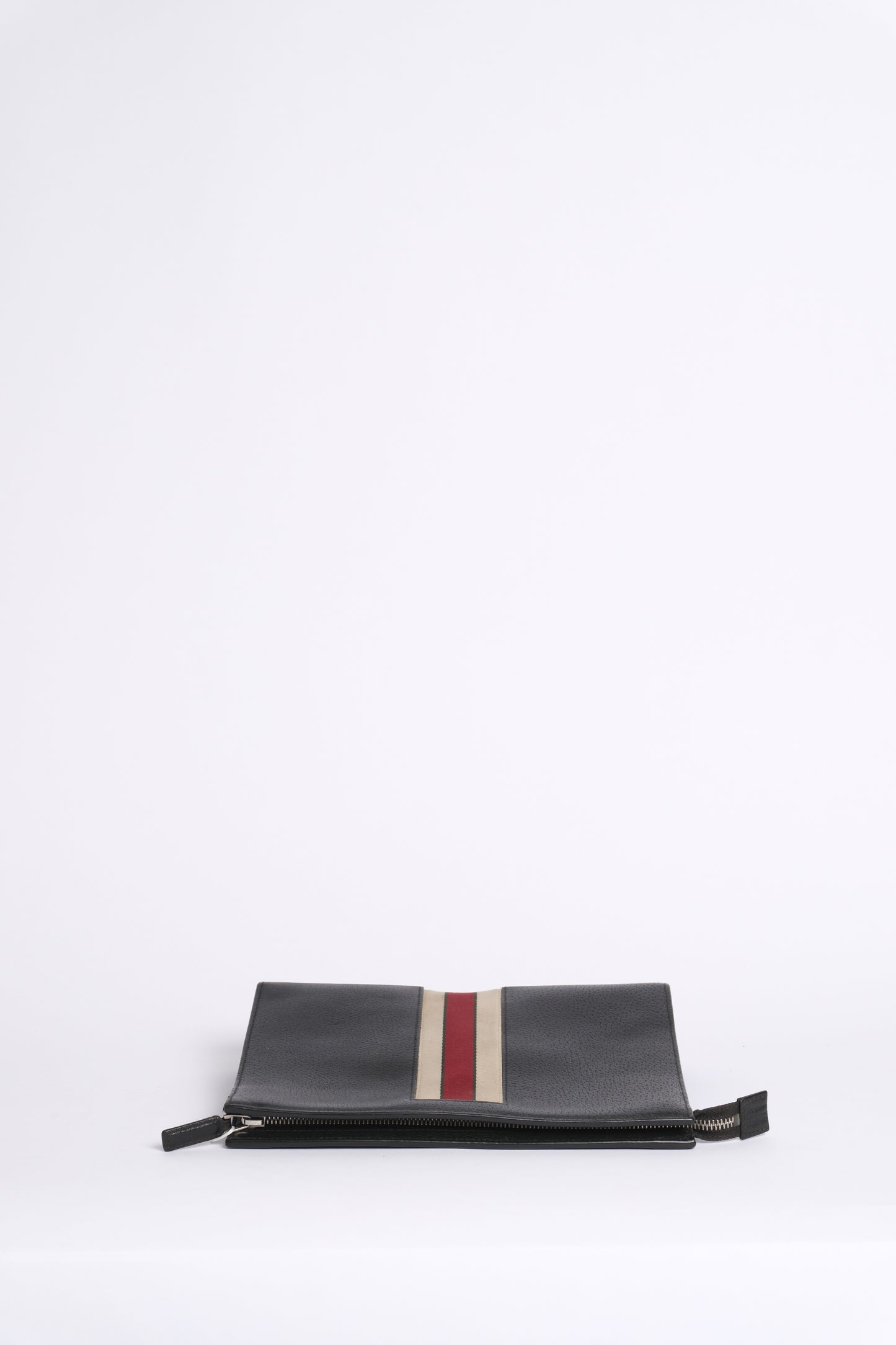 Gucci Black Leather Web Zip Clutch