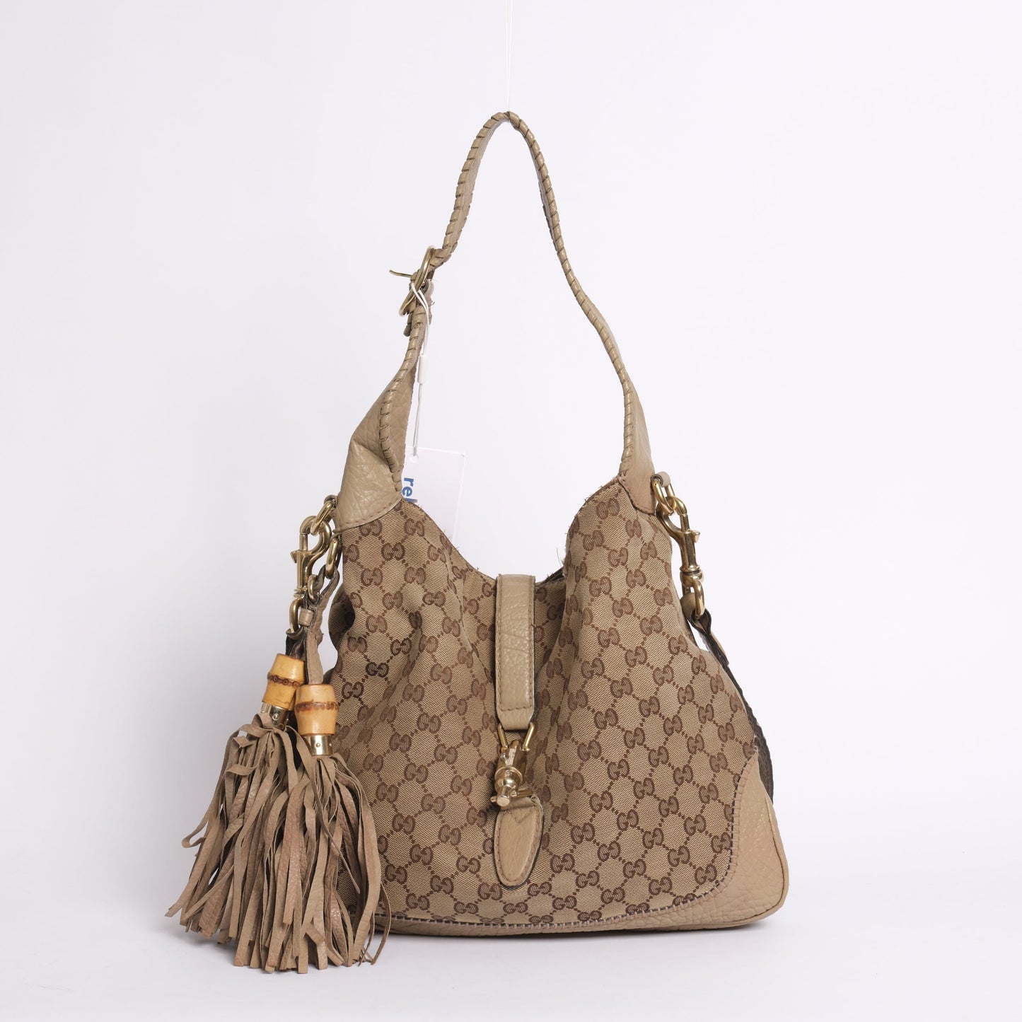 Gucci Brown & Beige Monogram Canvas & Leather Fringe Large Jackie Shoulder Bag
