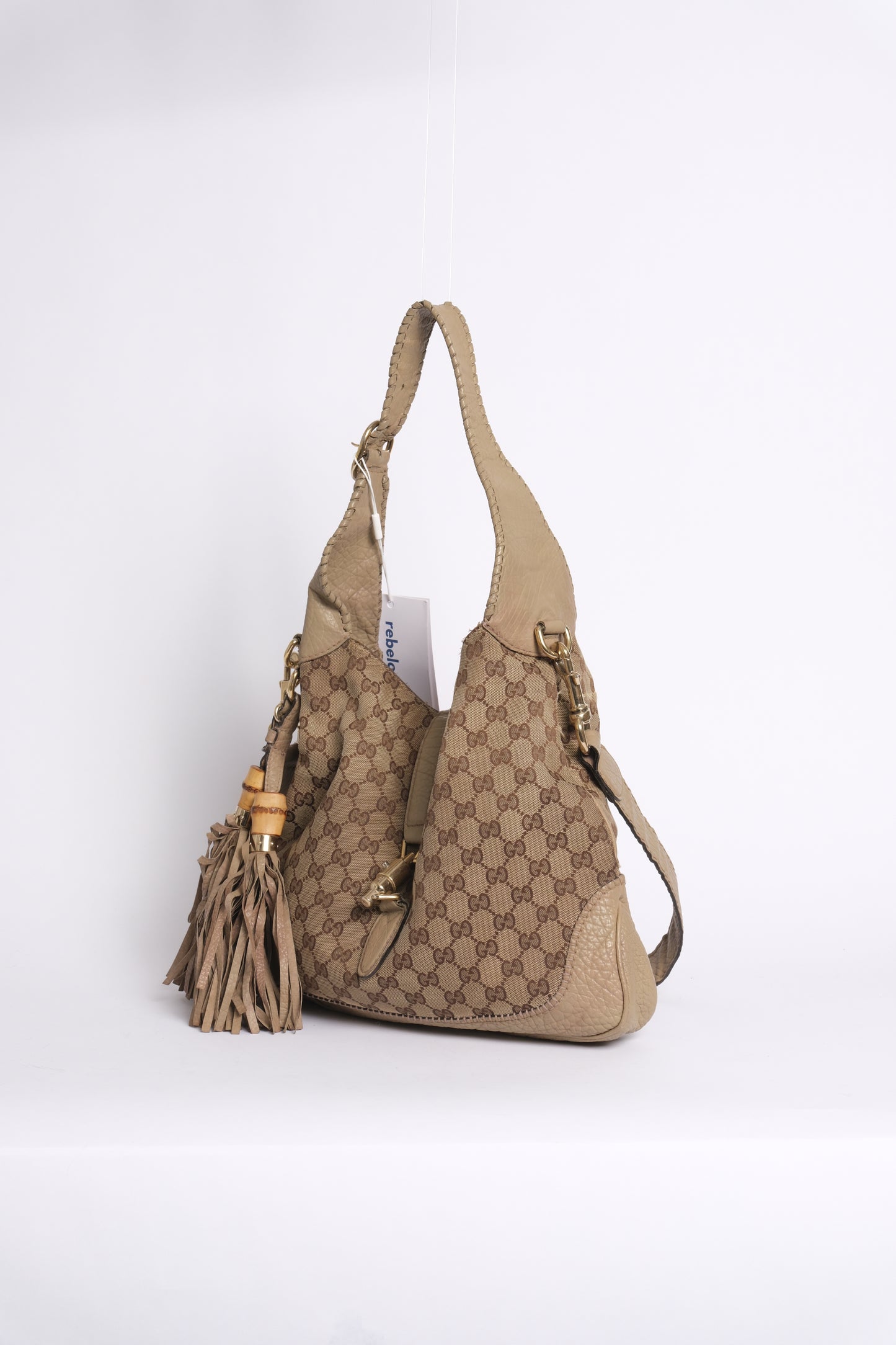 Gucci Brown & Beige Monogram Canvas & Leather Fringe Large Jackie Shoulder Bag