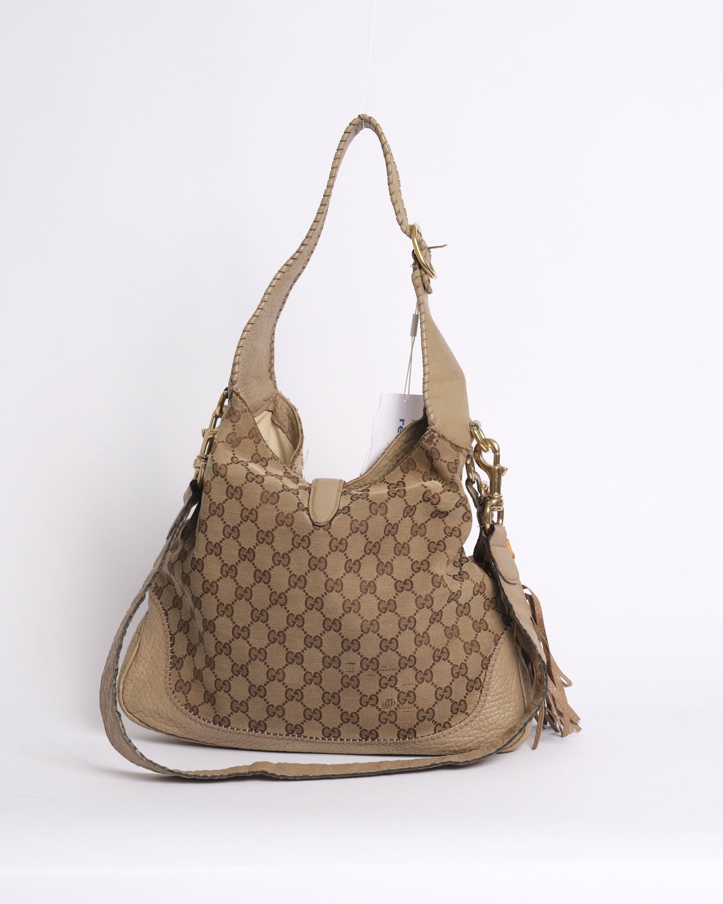 Gucci Brown & Beige Monogram Canvas & Leather Fringe Large Jackie Shoulder Bag