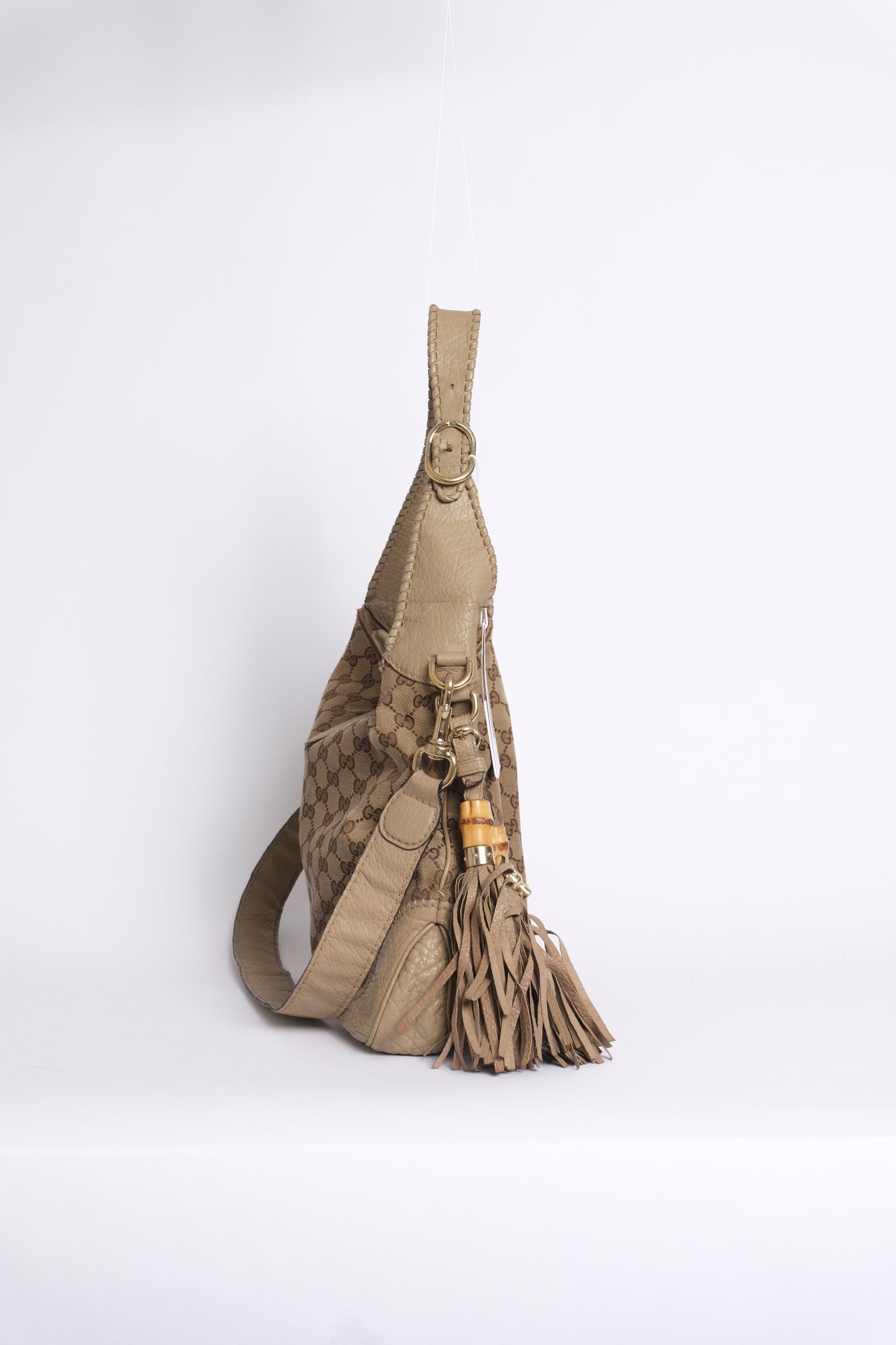 Gucci Brown & Beige Monogram Canvas & Leather Fringe Large Jackie Shoulder Bag