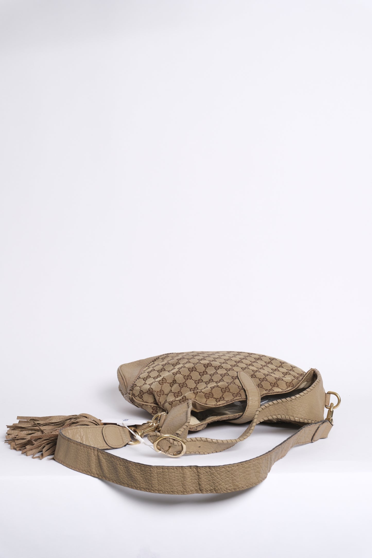 Gucci Brown & Beige Monogram Canvas & Leather Fringe Large Jackie Shoulder Bag