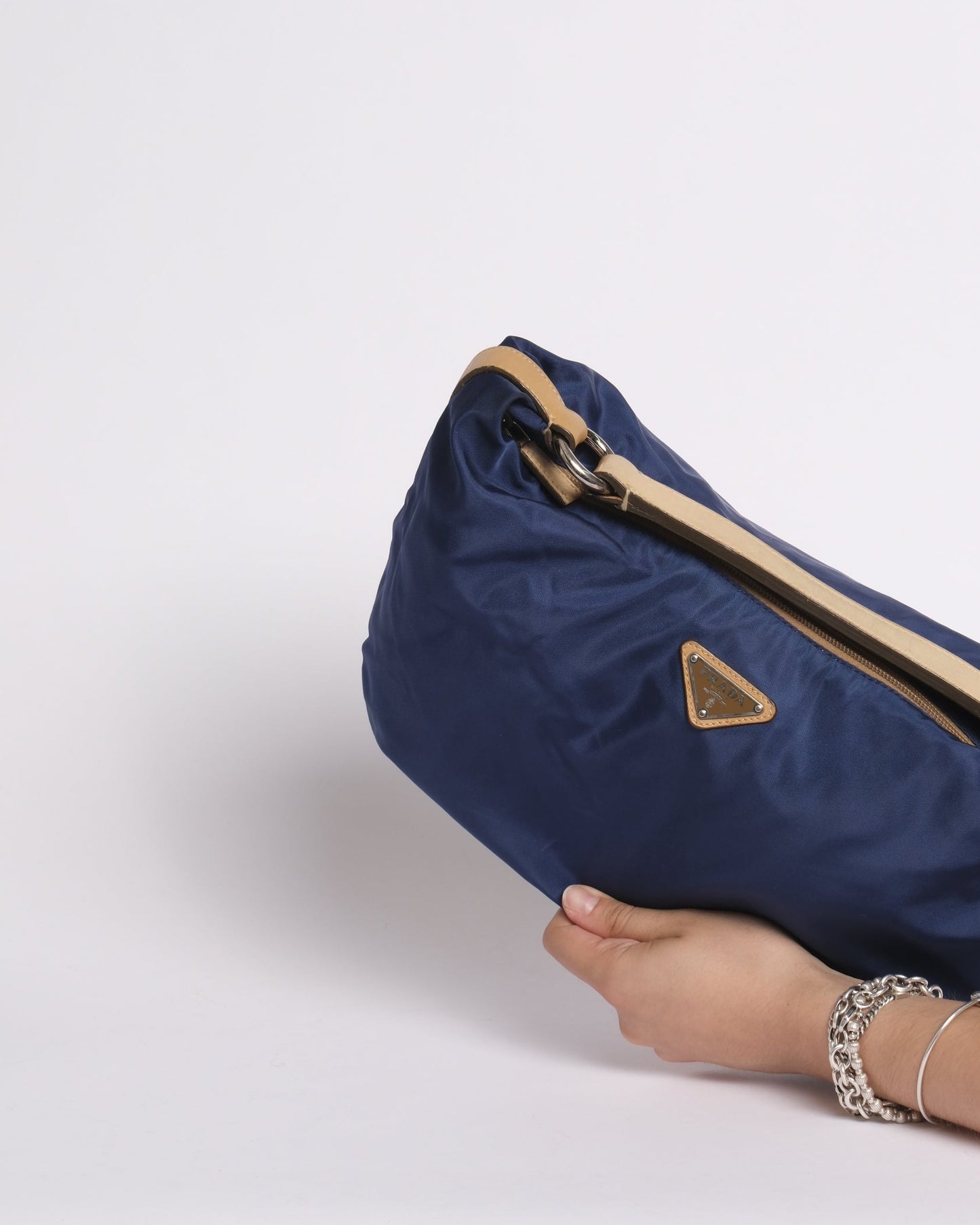 Prada Nylon Royal Blue Tan Handle Shoulder Bag