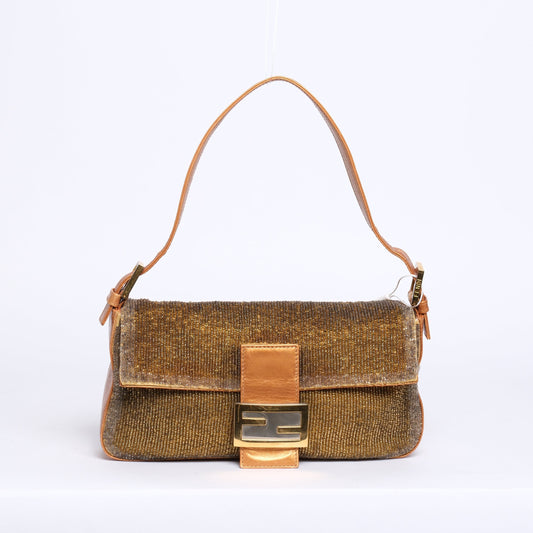Fendi Gold Beaded & Leather Baguette Shoulder Bag
